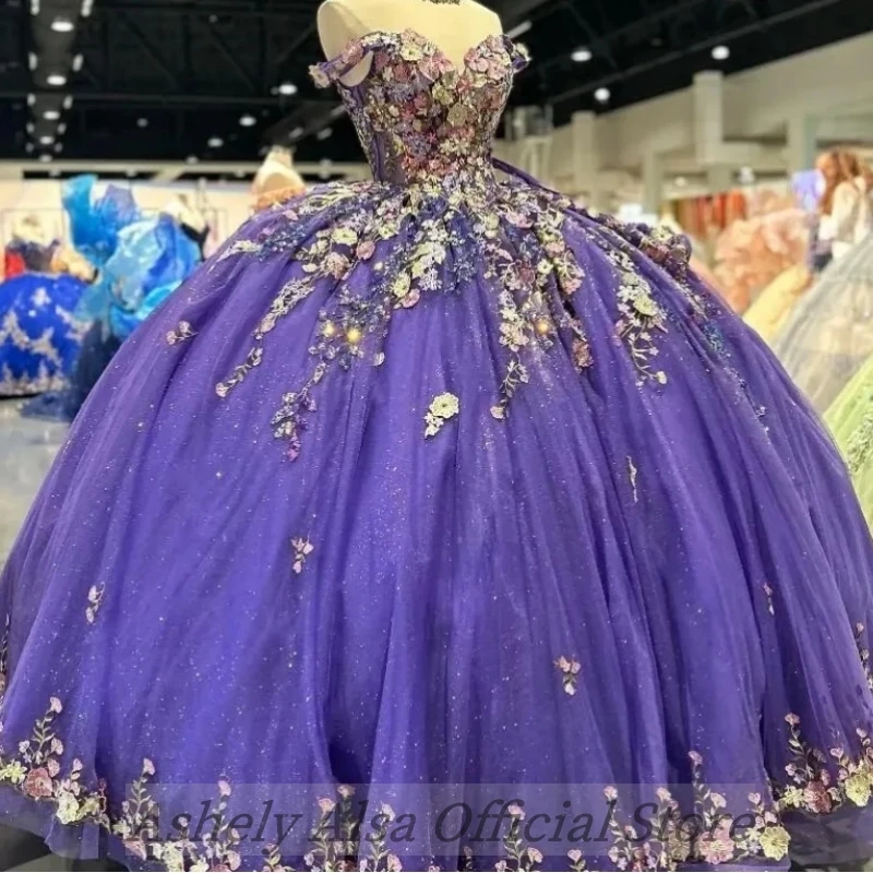 AA41 Custom Made Mexican Purple Quinceanera Dresses 3D Floral Birthday Princess Formal Sweet 15 16 Ball Gowns Vestidos XV Anos