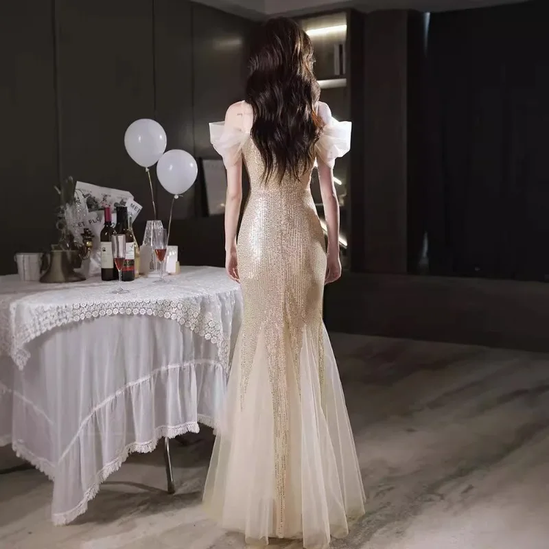 فستان سهرة GIYSILE مخصص مزين بالترتر الشامبانيا للنساء بحمالات كتف فاخرة متخصصة عالية الوضوح للولائم ذيل السمكة