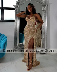 Sexy Sparkly Gold Prom Dress Straps Sequins Gown Lace-Up Side Split Birthday Party Dress Formal Evening Gowns Wedding Bridemaid