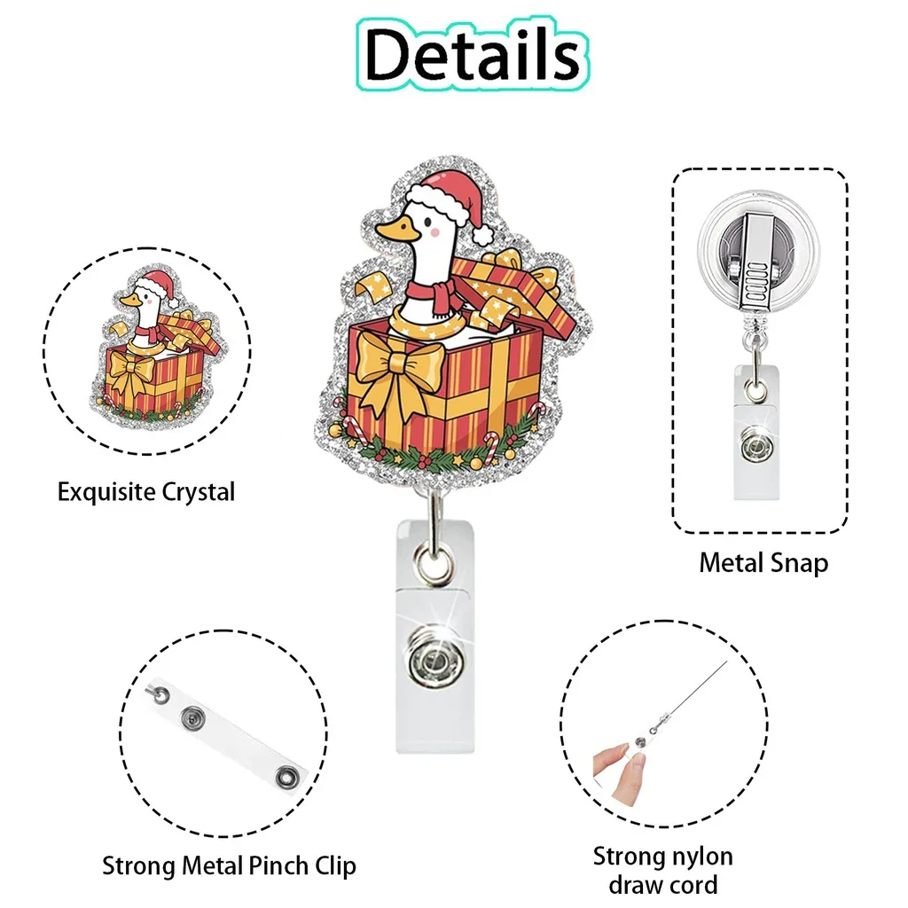 Cute Goose Christmas Retractable Badge Reel Acrylic Rotating Id Badge Holder For Office Staff Card Holder Keychain Xmas Gift