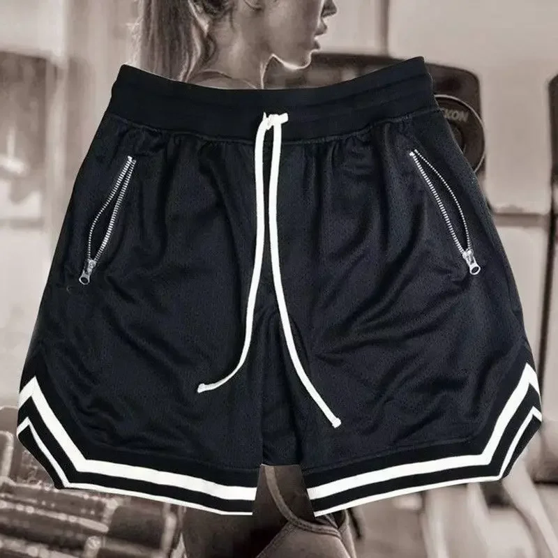 Quick drying sports shorts with zippered pockets for men summer striped edge running shorts gym training and fitness hiking shor