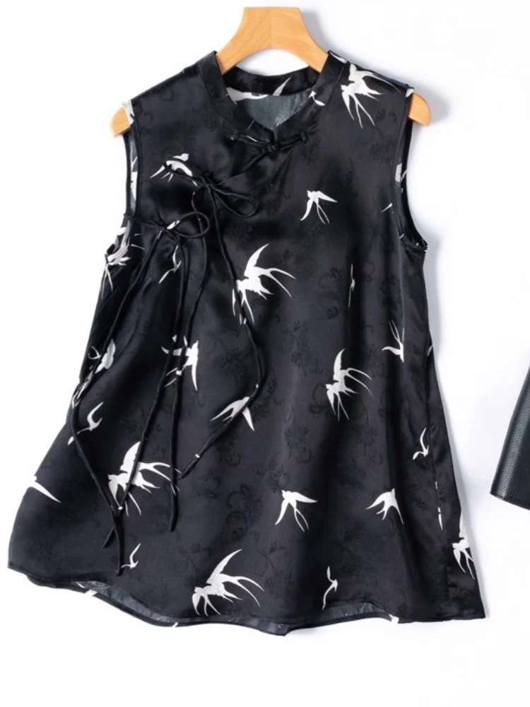

Женский топ Cheongsam из 100% тутового шелка Birdtree, летний жаккардовый атласный жилет без рукавов с воротником-стойкой, новинка 2025 года T57202JF