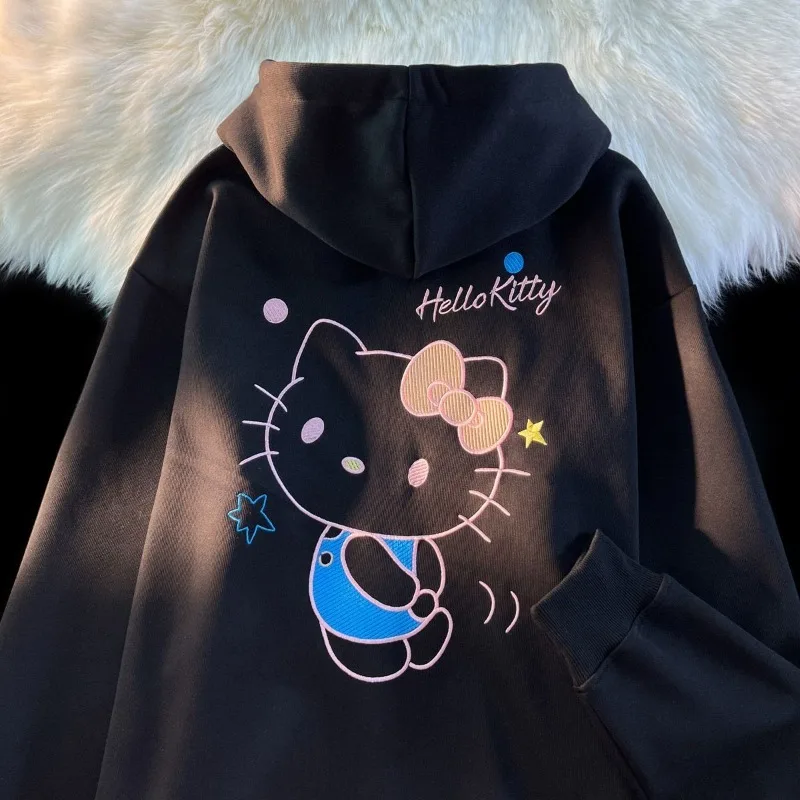 Japanese Sanrio Original Cute Embroidery Hello Kitty Zip Coat Girl Loose Couple Hoodie Streetwear Women Harajuku Y2k Sweatshirt