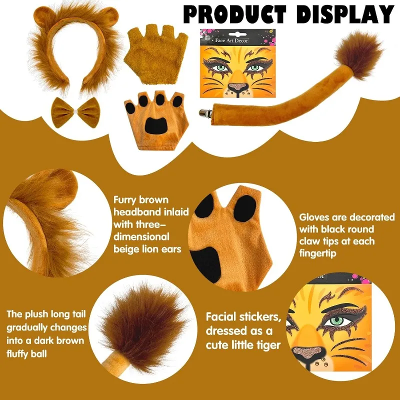 5PCS Lion Costume Set Mane Headband Tail Bowtie Paws Halloween Dress Up Safari Jungle Animal Halloween Birthday Party Dress Up