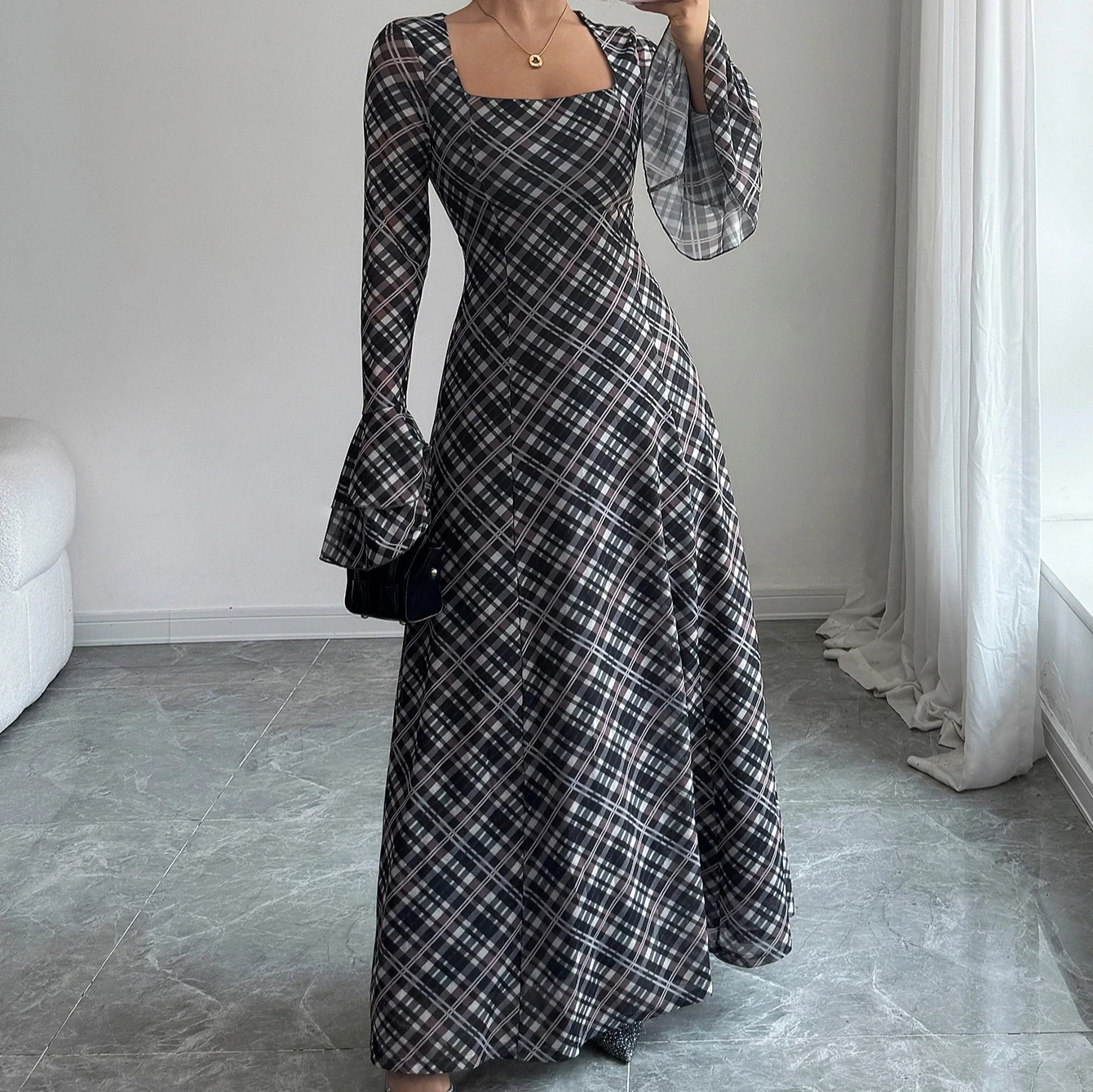 قميص منقوش أنيق بأكمام واسعة وتنورة معانقة الورك فستان نسائي لخريف وشتاء 2025 #6