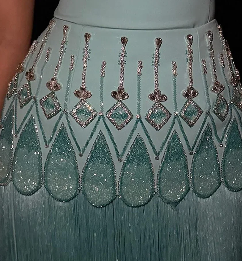 Elegant Turquoise Square Neck Ankle Length Dress Women Padded Shoulder Beaded Waist Fringe Skirt Formal Evening Party Customized - Image 4