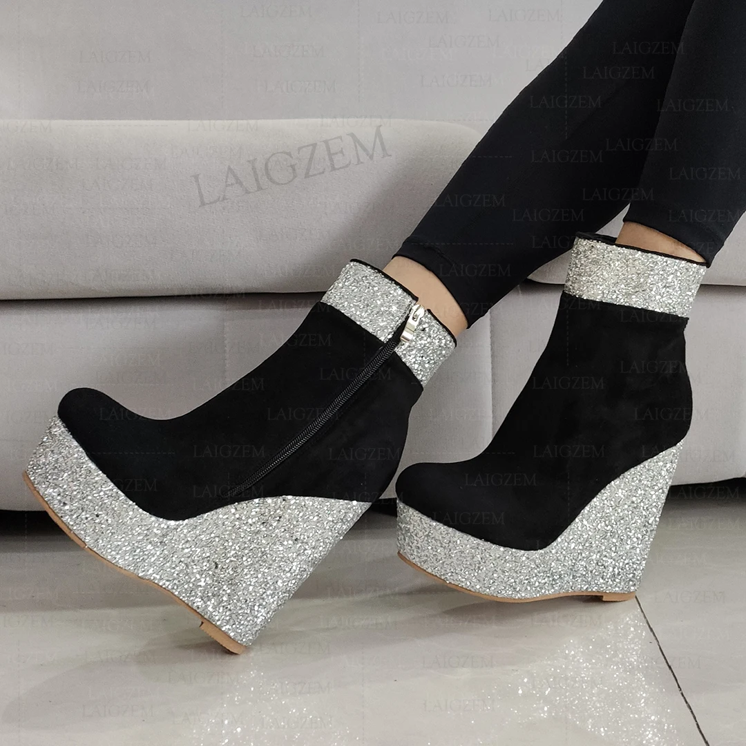 BERZIMER Damen Stiefeletten mit Plateauabsatz, Glitzer, Botas Mujer, runde Zehenstiefel, handgefertigte Damenschuhe, große Größe 41 49 52