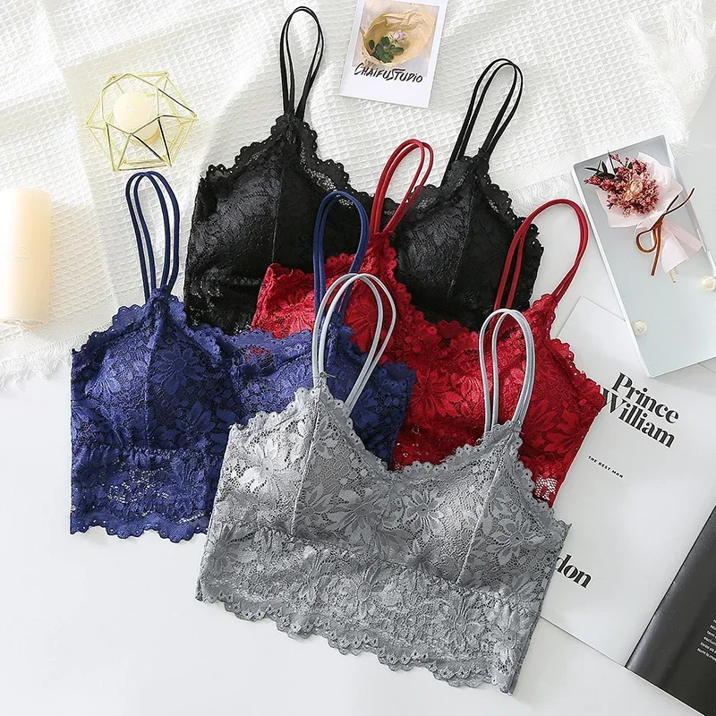 New Women Lace Bras Top Comfortable Bralette Solid Color Sexy Underwear Vest Female Hollow Out Wireless Lingerie Seamless Bra