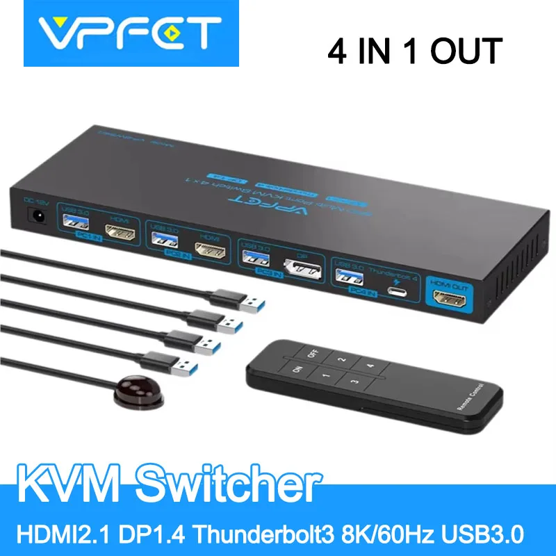 

KVM Switch HDMI2.1+DP1.4+Thunderbolt3 8K/60Hz 4 Computers 1 Monitor Supports HDCP2.3 USB 3.0 Device Sharing Computer Keyboard