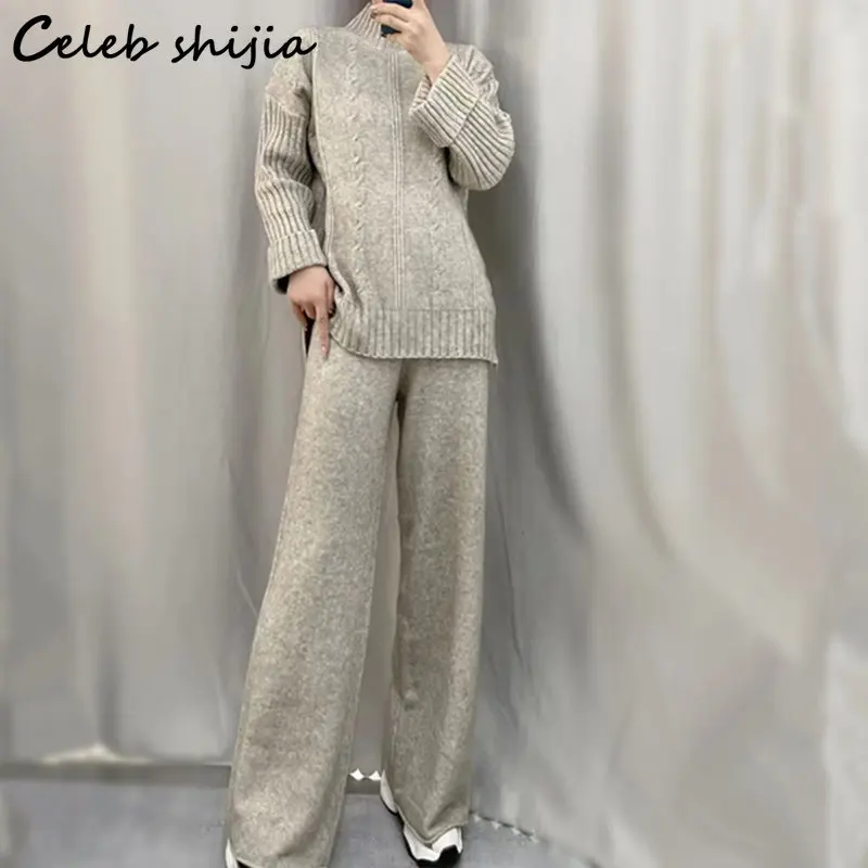 Binding Sweater + Wide Leg Pants Women 2023 Autumn Thicken Quilted Knitted 2 Piece Sets Winter Chic Khaki Loose Pant Sets Winter