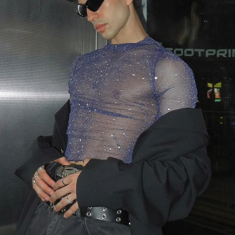 Mens Sexy Slim Stretch Purple Shiny Mesh See Through Short Long Sleeve O Neck Slim Fit  Top Crop T Shirts Live Show Dance