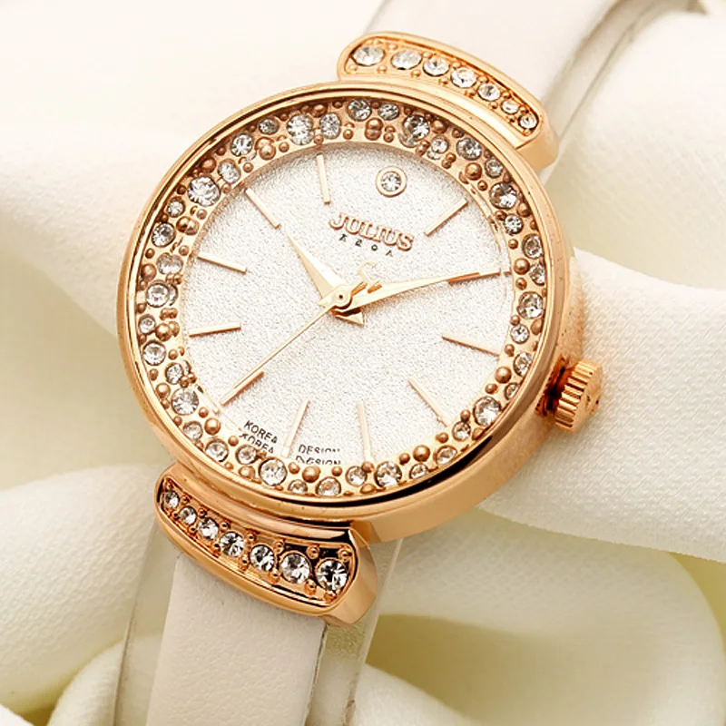 Rhinestones Women\'s Watch Japan Quartz Hour Fine Fashion Bracelet Luxury Real Leather Clock Girl\'s Birthday Gift Julius No Box