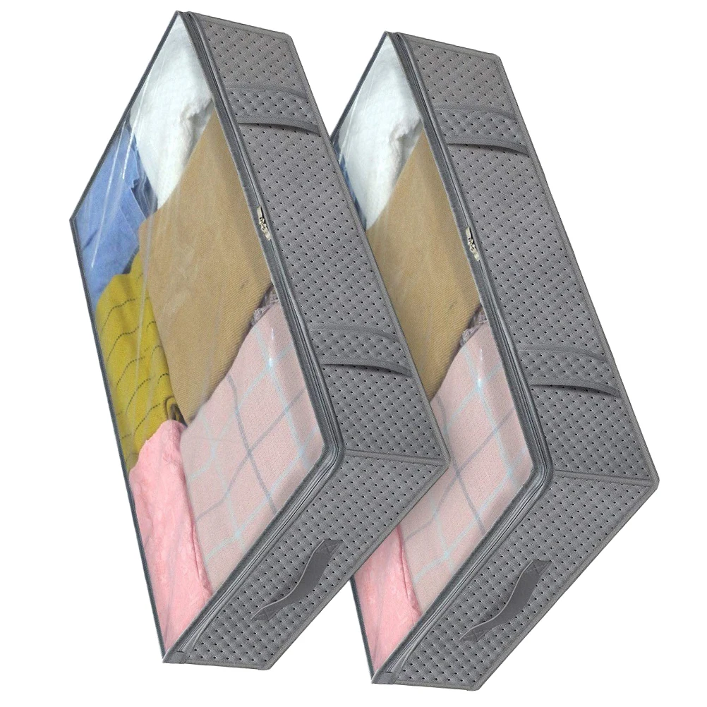 

2pcs Non-Woven Storage Box Thickened Fabric Large Capacity Window Design Clothes Quilt Organizer Home Storage Container For