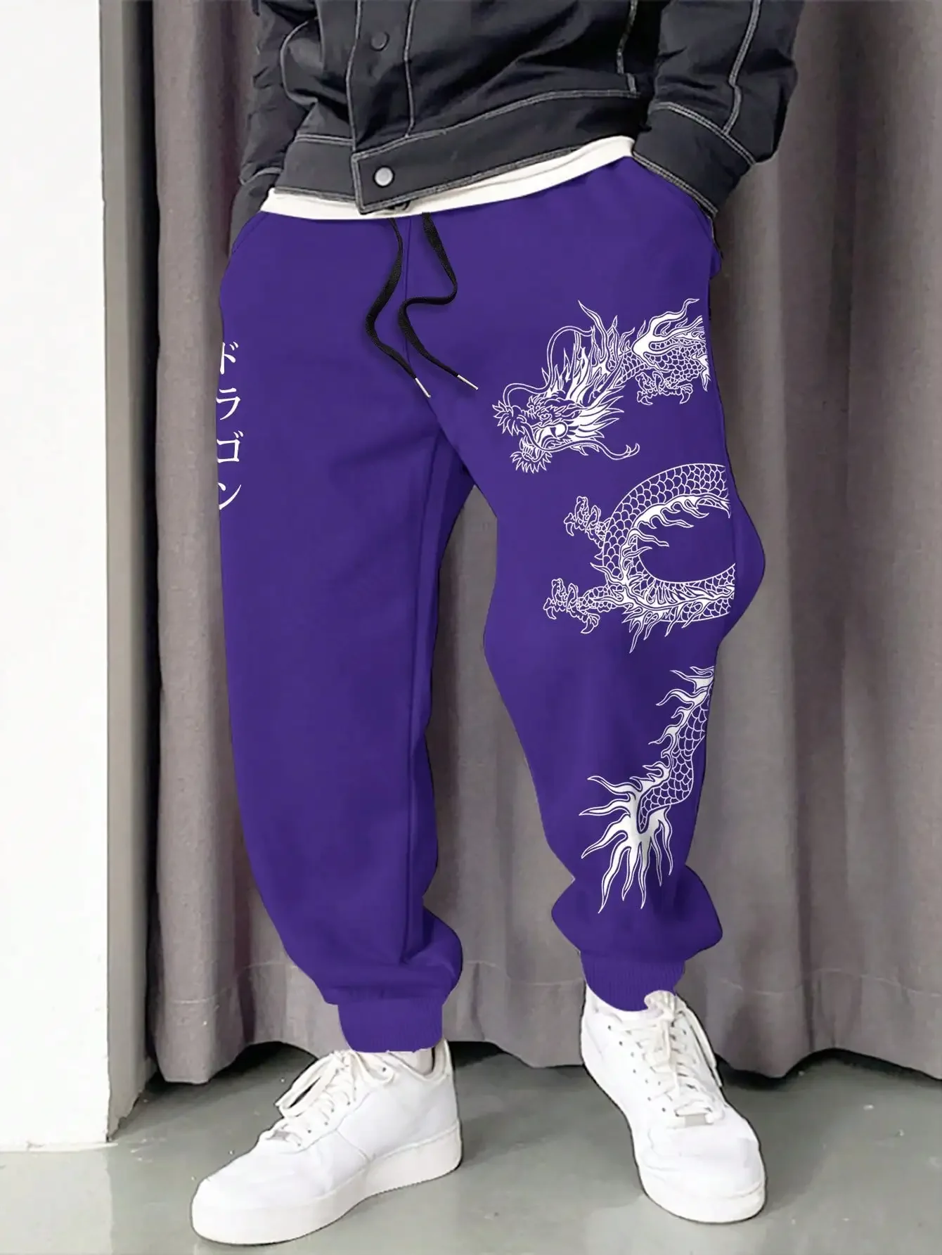 Pantaloni sportivi primaverili e autunnali versatili in vita con coulisse in pile confortevole stampato con motivo drago da uomo alla moda S-3XL