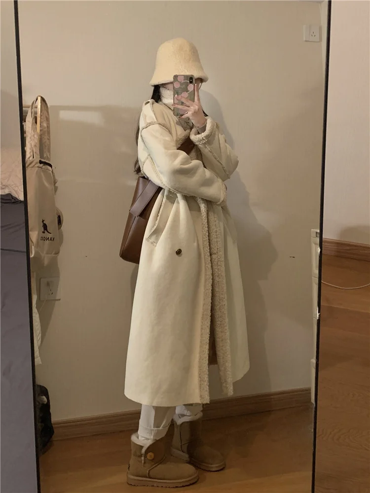 Women Winter Long Lamb Fur Coat Vintage Loose Lapel Collar Overcoat Thick Warm Outerwear Female Suede Plush Coats
