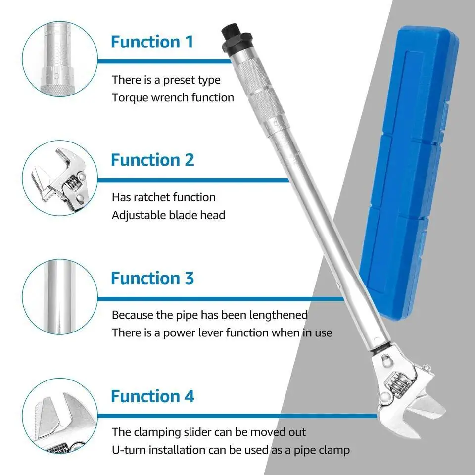 قابل للتعديل 19 إلى 110 نانومتر 43 مللي متر مفتاح ربط مفتوح 4In1 أداة إصلاح سبائك الألومنيوم مفتاح العزم