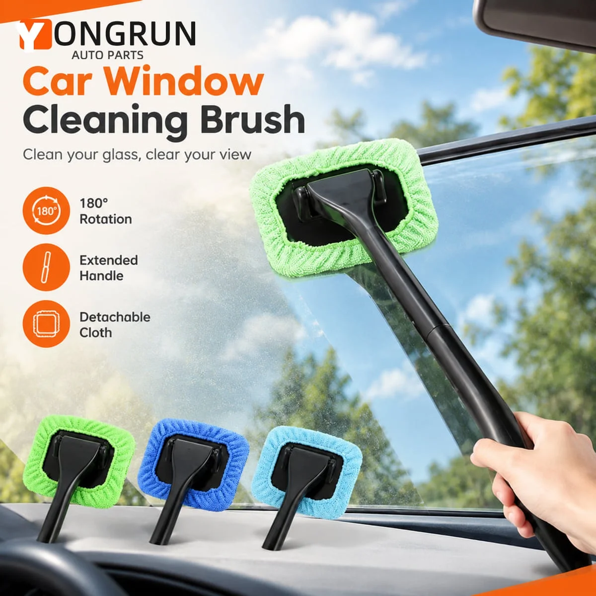 YONGRUN Car Window Cleaning Brush Long Handle 180° Rotating Head Removable Microfiber Cloth For Interior Glass Anti Fog Cleaning