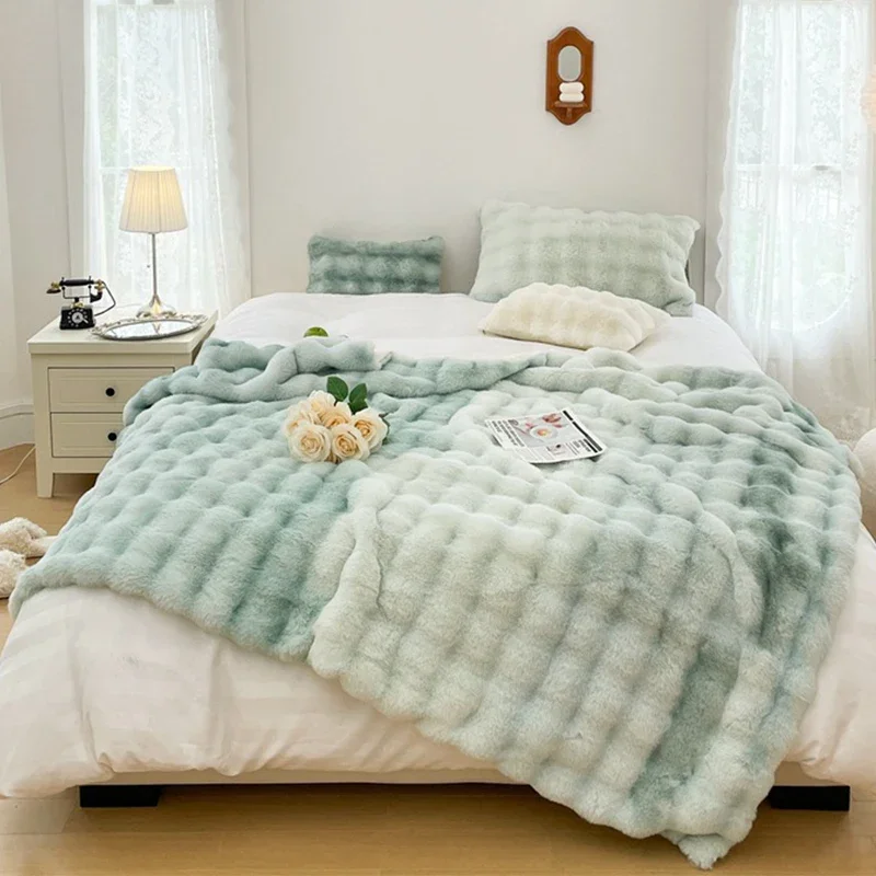 200x230cm Quality Faux Fur Blanket Plaid Throw Quilt Large Thick Fleece Sofa Blanket Winter Warm Fluffy Soft Bedspread Bedding