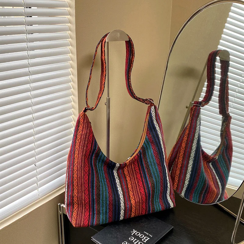 

Большая сумка в этническом стиле для женщин, большая вместимость, модная дизайнерская роскошная сумка, повседневная сумка через плечо с принтом и тканью