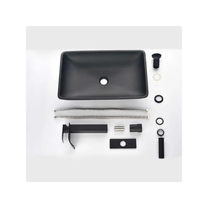 

14.38" L - 22.25" W - 4.38" H Matte Black Glass Rectangular Vessel Sink with Faucet & Pop-Up Drain, Modern Bathroom Fixture
