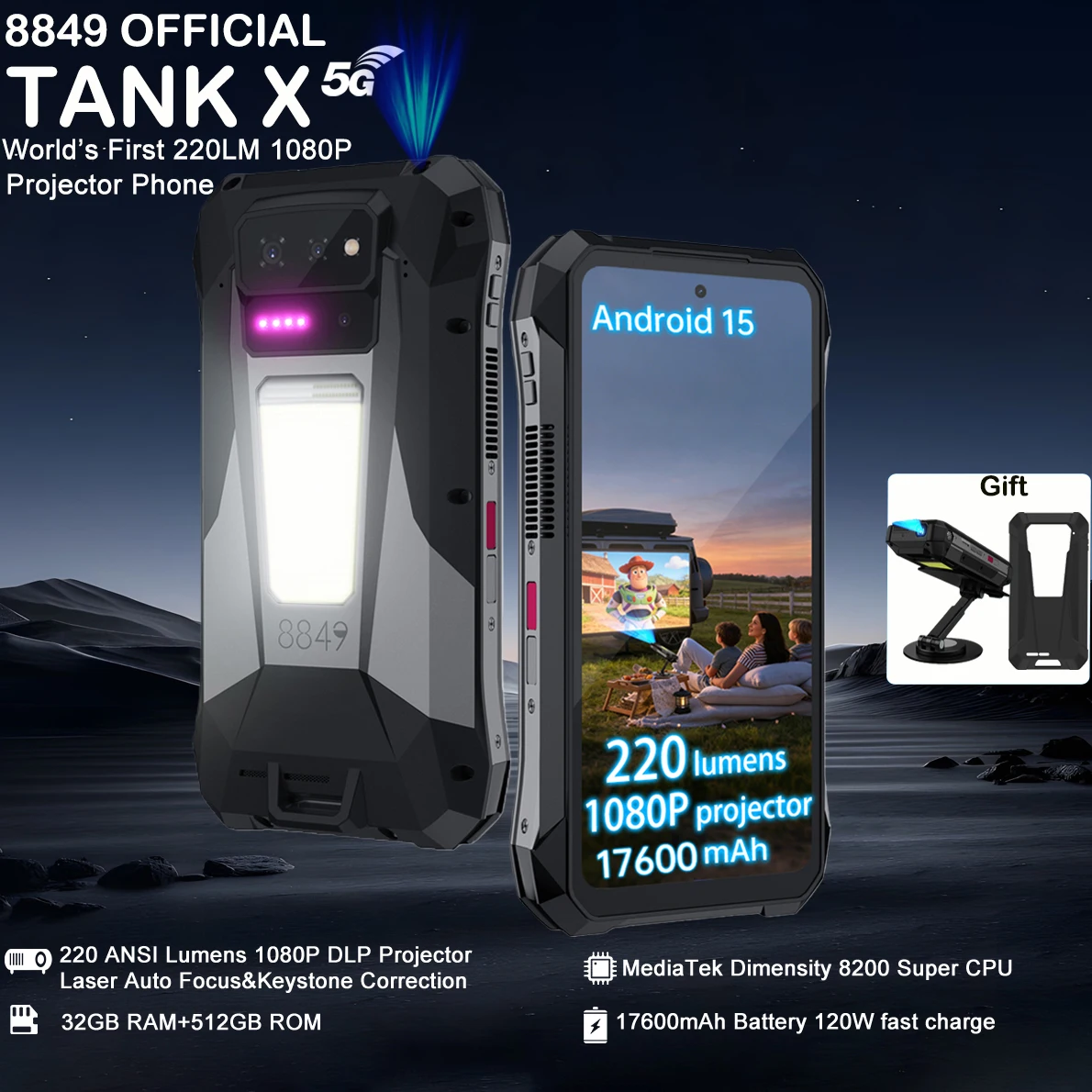 8849 Tank X Unihertz 220 Lumen 1080P Projector Rugged Smart Phone Android15 17600mAh 512GB Dimensity 8200 NFC Night Version 2026