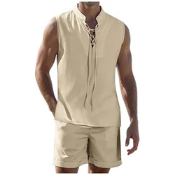 Summer Men'S Two Piece Set Casual-Shirt And Shorts Set Mens Sports Suit Fashion Linen Tank Tops Tracksuit Sleeveless T-Shirt