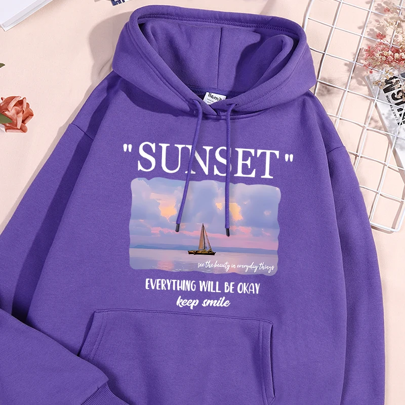 

Sunset Scenery Everything Will Be Okay Printing Hooded Women Street Autumn Fleecehoodies Loose Casual Hoodie Warm Streetwear