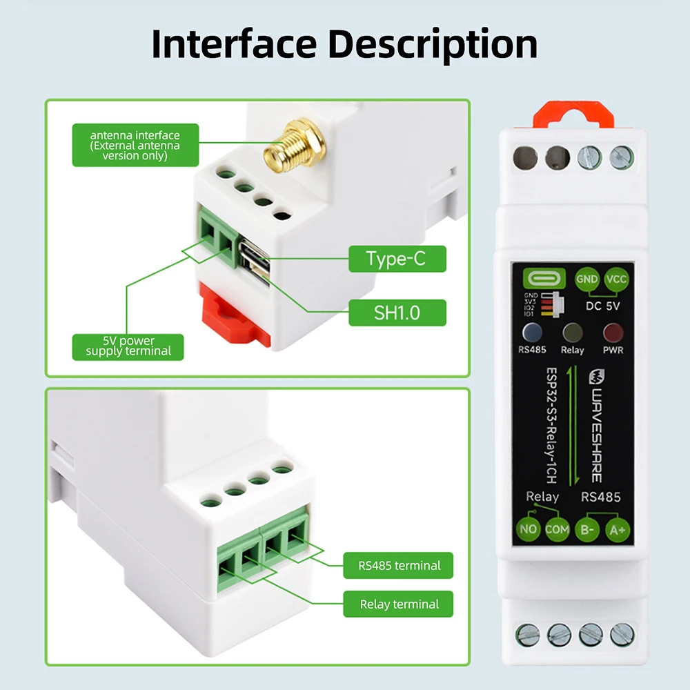 1 Way RS485 Relay Module with ESP32-S3 Dual-Core MCU WiFi Bluetooth Multiple Isolation Protection DIN-Rail Shell With Antenna