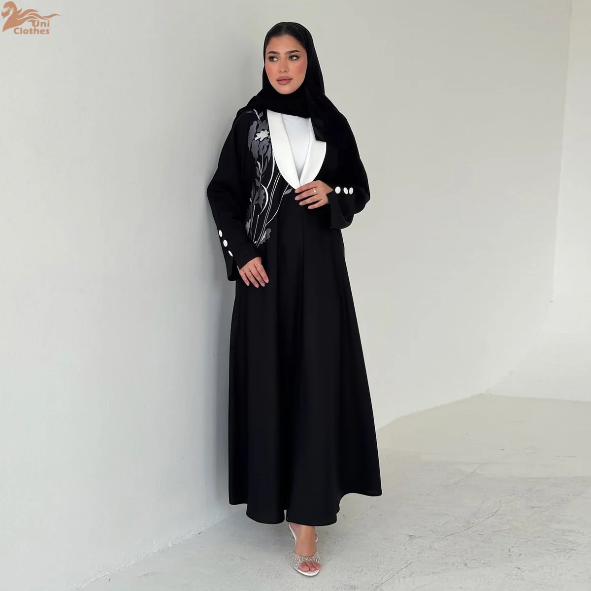 

Uni Luxury Modern Elegance Black Embroidered Turkish Abaya Ramadan Muslim Modest Dress for Women Islamic Fashion Vacation Outfit