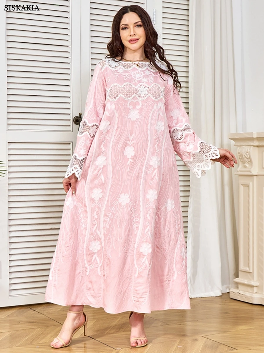Siskakia Moroccan Kaftan Dress Elegant Casual Mesh Sleeve Jacquard Dresses For Women Gala