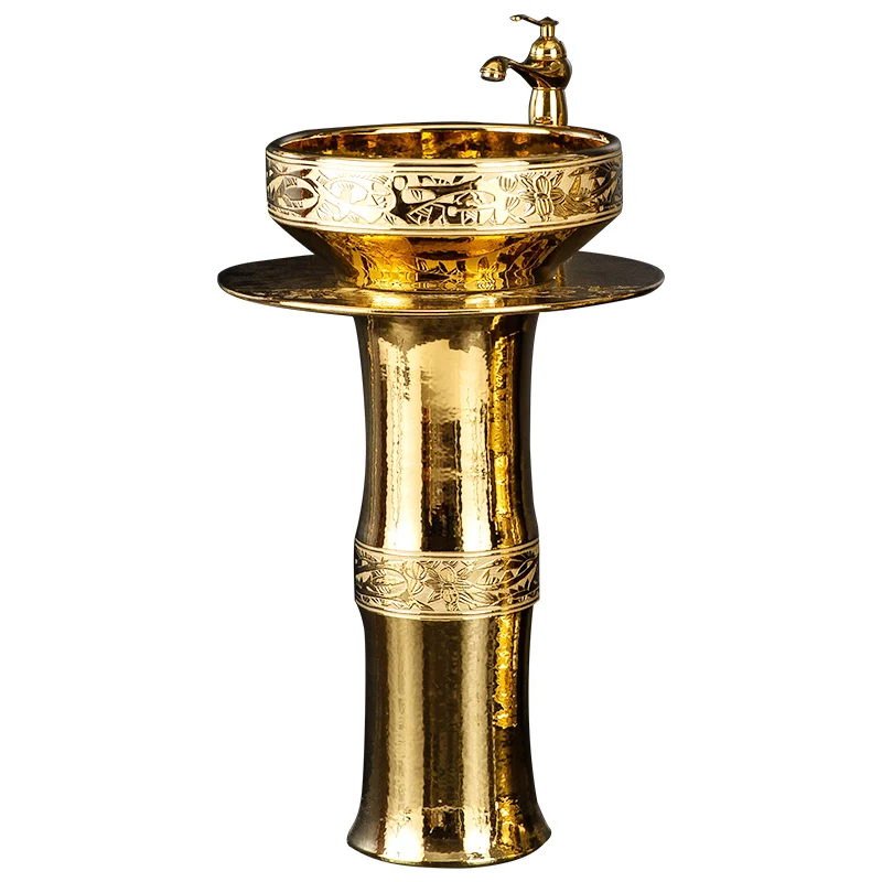 

Gold ceramic column type washbasin gold-plated floor-to-ceiling bar B & B integrated washbasin pillar basin washbasin