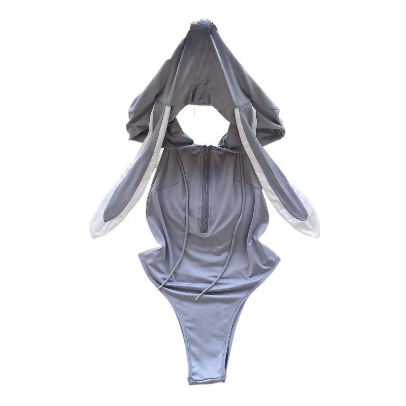 

Sexy anime cute gray rabbit hooded women's zipper back exposed long rabbit ears hooded sweatshirt pajamas cosplay costume