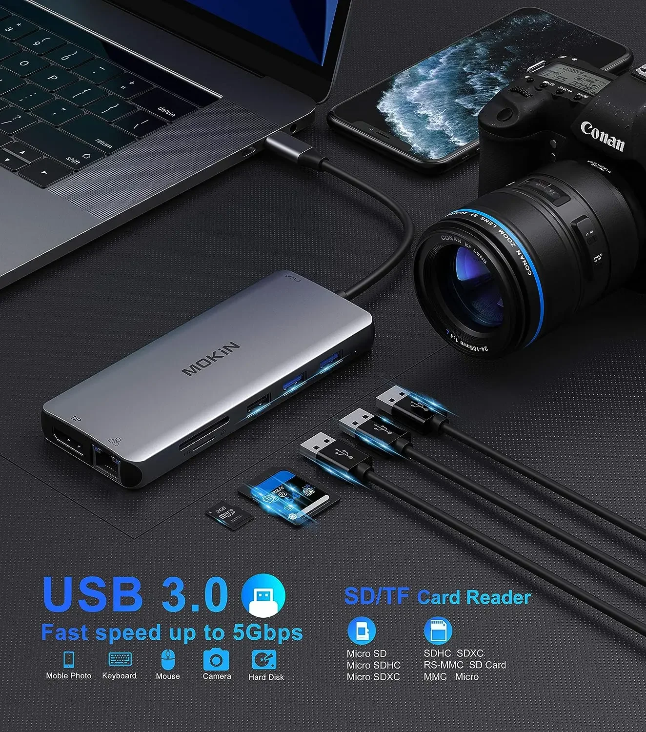 Imagem -05 - Mokn-triple Display Usb c Hub Adaptador Multiport com Hdmidpusb 3.0gigabit Ethernetsd Tf100w pd hp Dell Lenovo 12 em 1