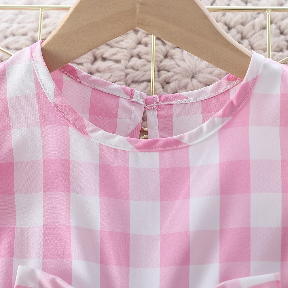 Summer Girl Clothes Pink Check Girls Dress Flying Sleeve Bowknot Casual Wear Children\'s Costume for 2-6Y 8 sold