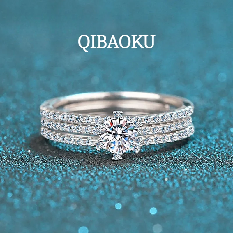 QIBAOKU 2pcs Diamond Rings GRA Certified D VVS1 Moissanite 925 Sterling Silver Plated 18k white gold Wedding Band Bridal Sets
