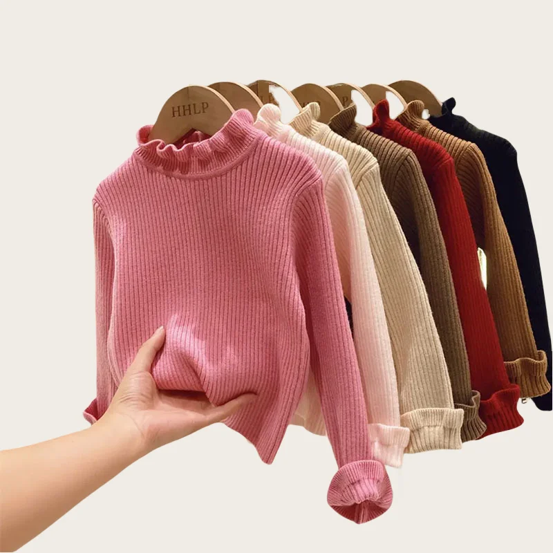 Children's Sweaters Base Tops 1-6Y 2024 Autumn Solid High Elastic Girl's Knit Pullover Kid's Turtleneck Flare Sweater for Girls