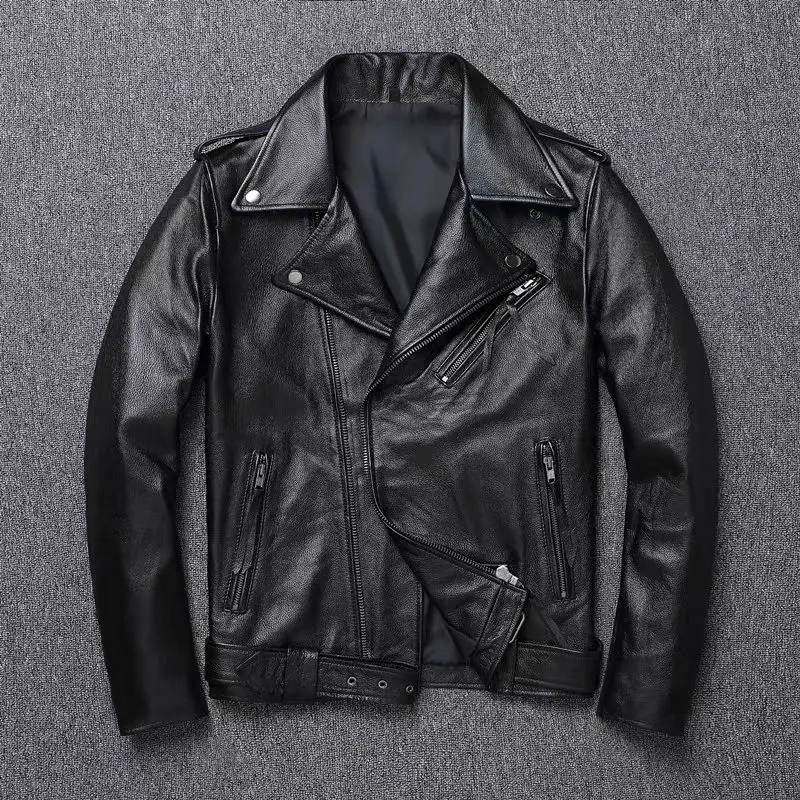 2026 Spring New American Washed Distressed Grain Cowhide Motorcycle Leather Jacket Lapel Collar Diagonal Zipper Men
