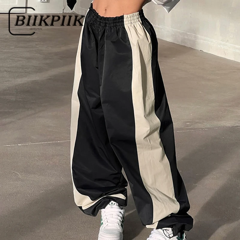 BIIKPIIK Casual Loose Contrast Color Women Jogger Pants Fashion Elastic Waisted Side Stripe Trousers Sporty All-match Sweatpants