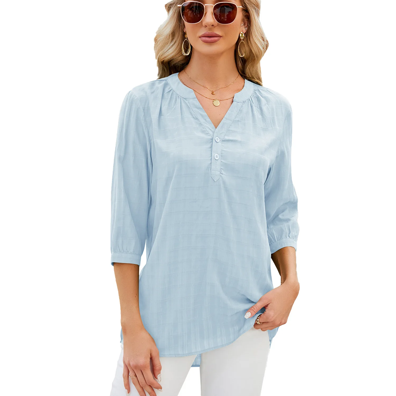 

Women's Half Sleeve Chiffon Tops, Solid V Neck, Summer