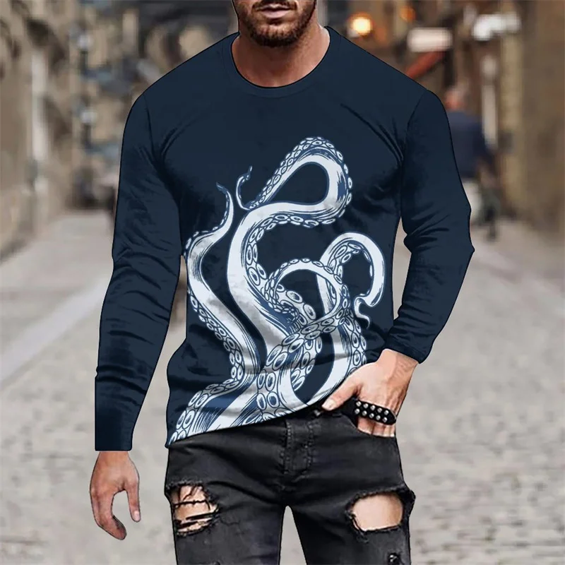 Funny Tentacles Pattern T-Shirt For Men Marine Animal 3D Printed T Shirts Autumn Casual Long Sleeves Loose O-Neck Tops Tees