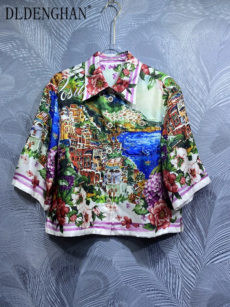 

DLDENGHAN Fashion Runway Summer Sicily Silk Shirt Women's Turn-down Collar Short Sleeve Single Breasted Print Beach Style Shirt