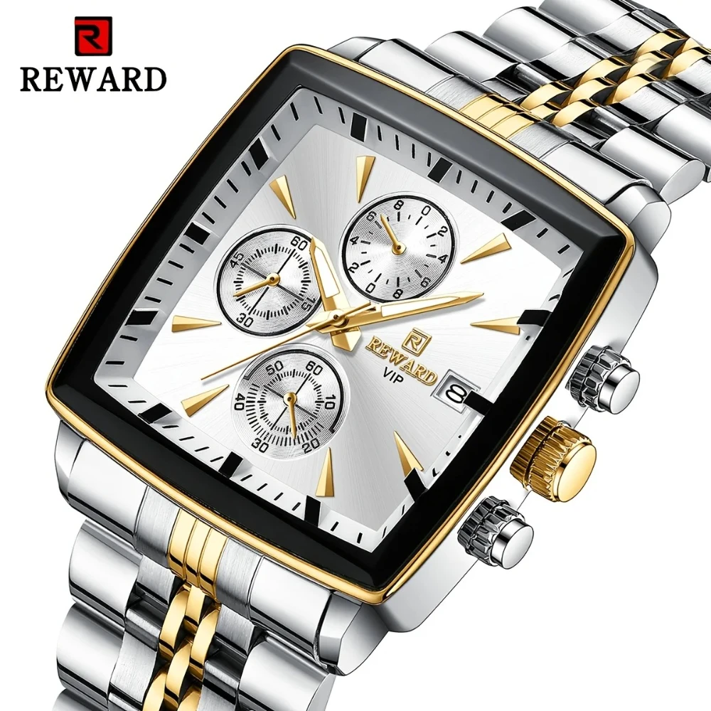 REWARD 81100M Luxury Steel Strip Quartz Men's Watch Square Waterproof Calendar Chronograph Luminous Watches for Men Reloj Hombre