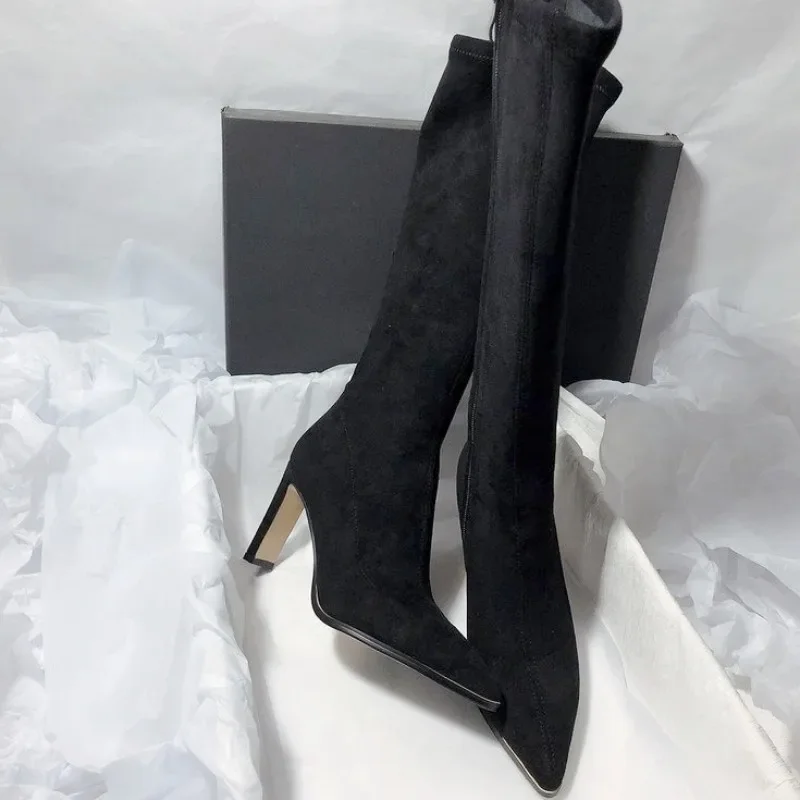 Winter Knee High Chelsea Boots Women High Heels Shoes Fashion Pointed Toe Motorcycle Boots New Woman Gladiator Pumps Botas Mujer