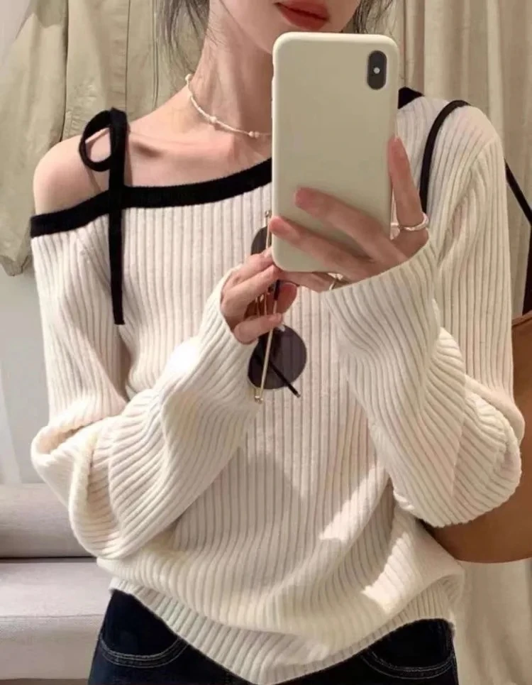 

Модный осенний женский вязаный топ, пуловер с открытыми плечами, элегантный трикотаж в корейском стиле, повседневная осенняя одежда с длинными рукавами