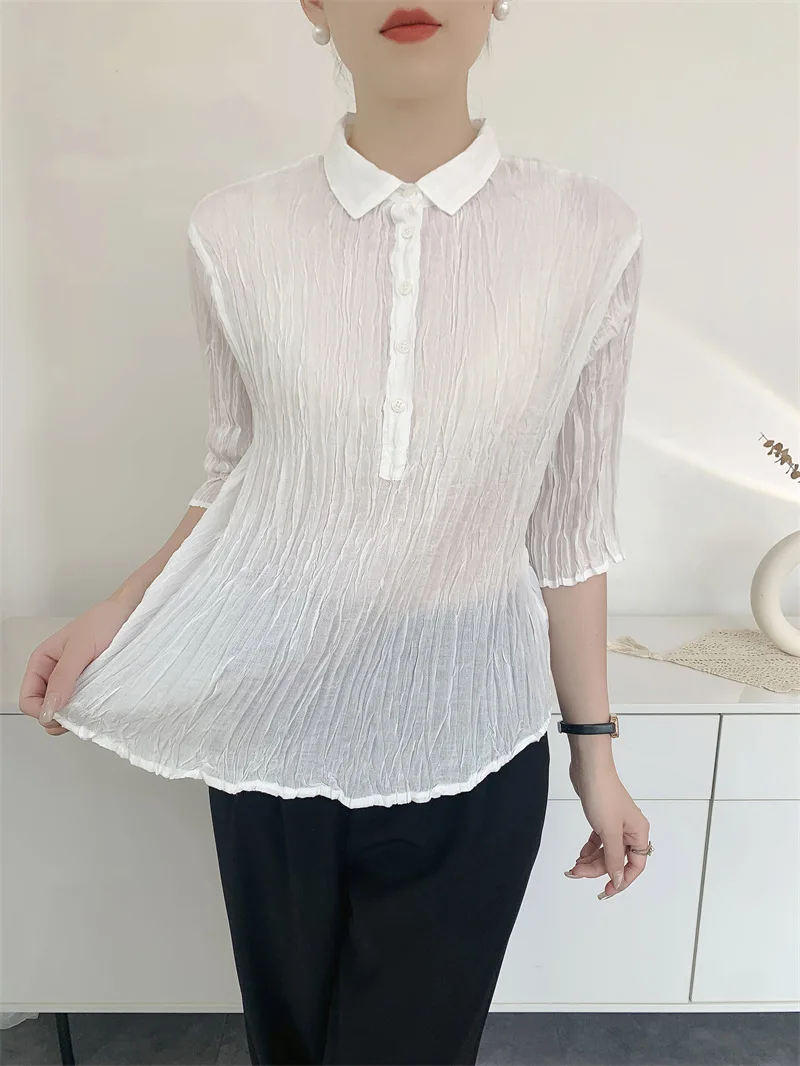 Miyake Handmade Messy Pleated Hundred Koszula damska Średnie rękawy Slim Temperament Solidna cienka koszula Design 2025 Lato Nowość