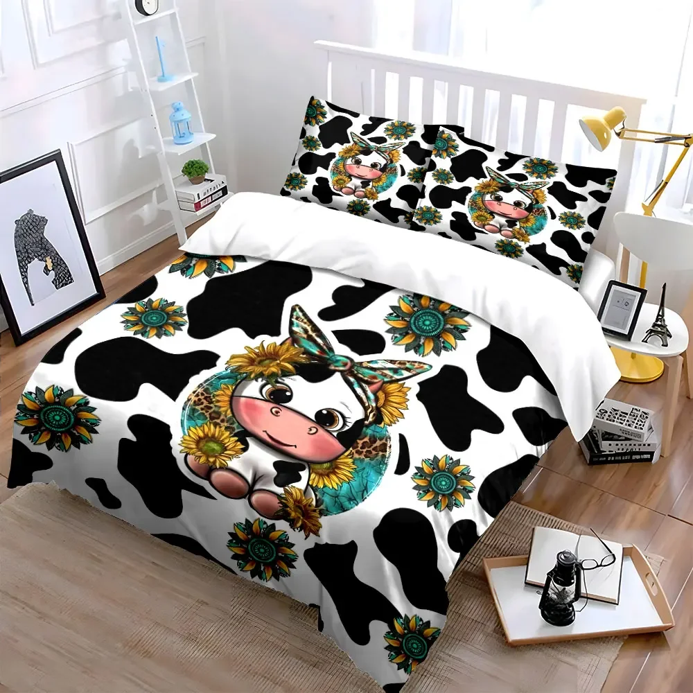 Cute Cow Sunflower Print Set Soft Comfortable Duvet Cover Bedding Set Included 1*Duvet Cover & 2*Pillowcases, gift
