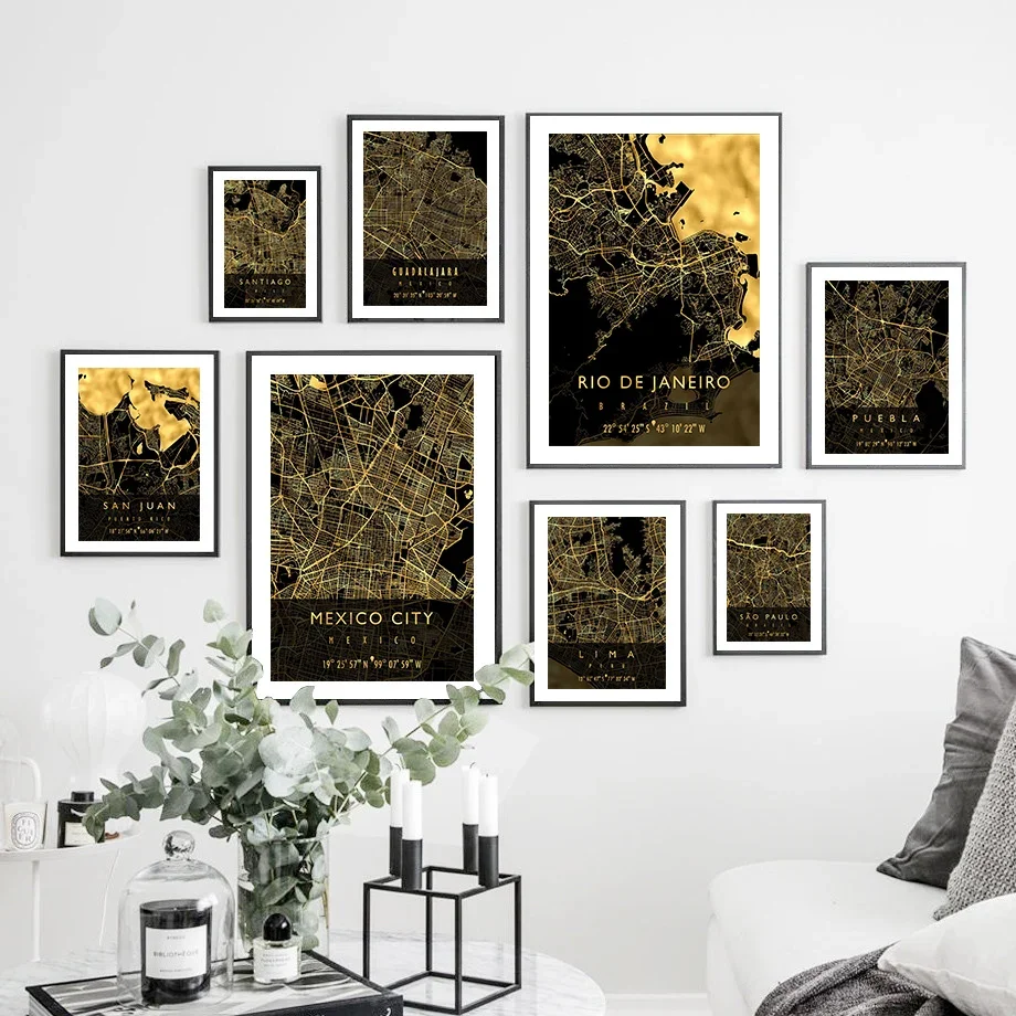 Brazil Chile Argentina Mexico City Map Black Golden Posters And Prints Wall Art Canvas Painting Pictures Living Room Home Decor