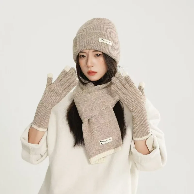 プレミアムニットスカーフ帽子手袋セット-レディース-秋冬ウールニット暖かい3点セット