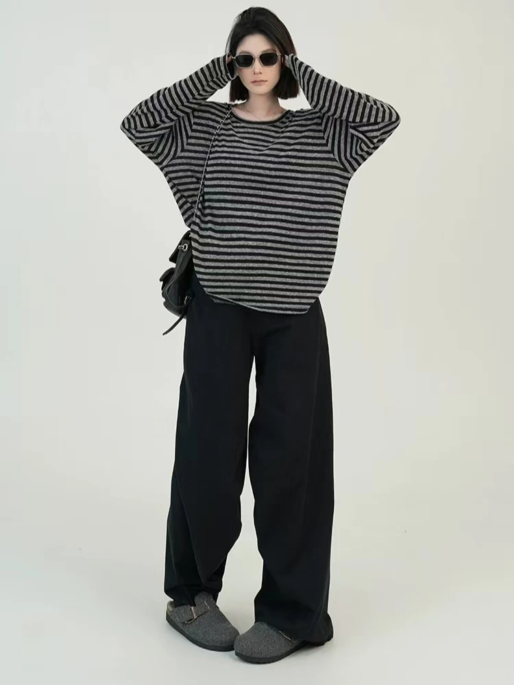 Herbst Frauen Harajuku Gestreiften T-shirt Lange Hülse O-ansatz Casual Oversize Top Femme Streetwear Schwarz Grau Lose Straße Tops Y2K – Detail 27