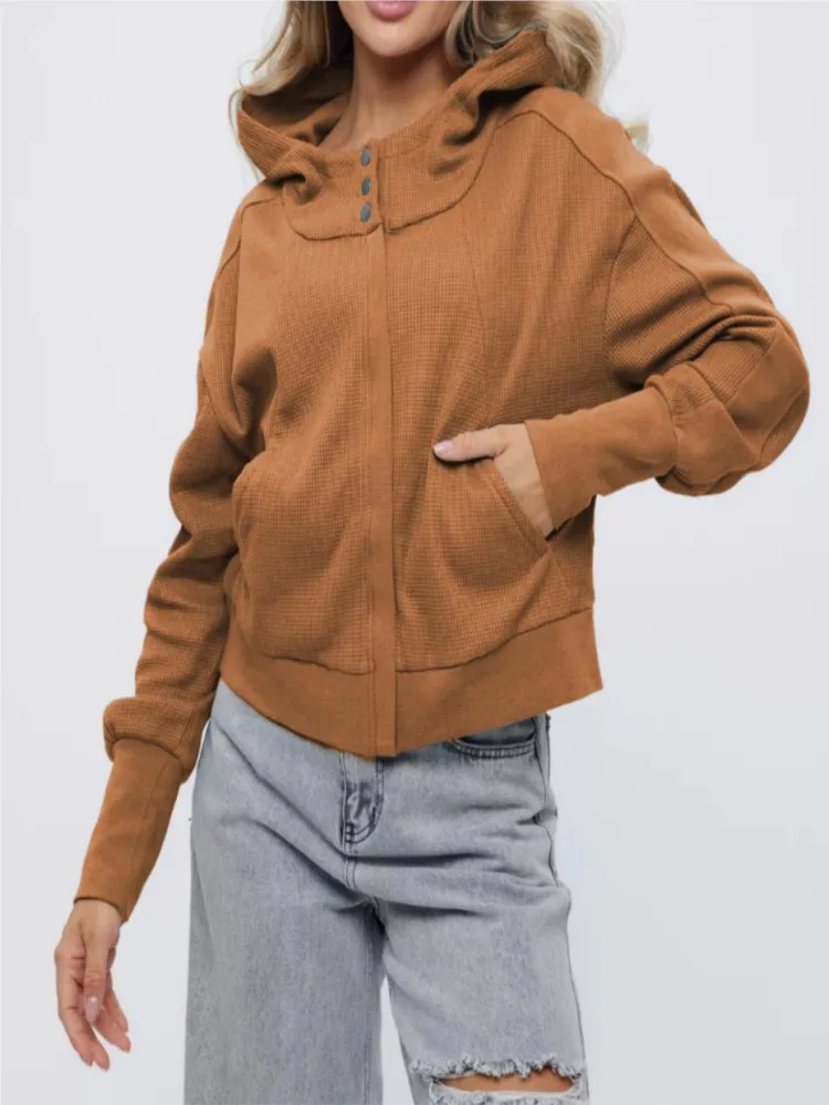

Autumn New Jacket Coats Women Hooded Fashion Solid Color Jacket Zipper Long-sleeved Hoodie Short Section Knitwear Outerwears